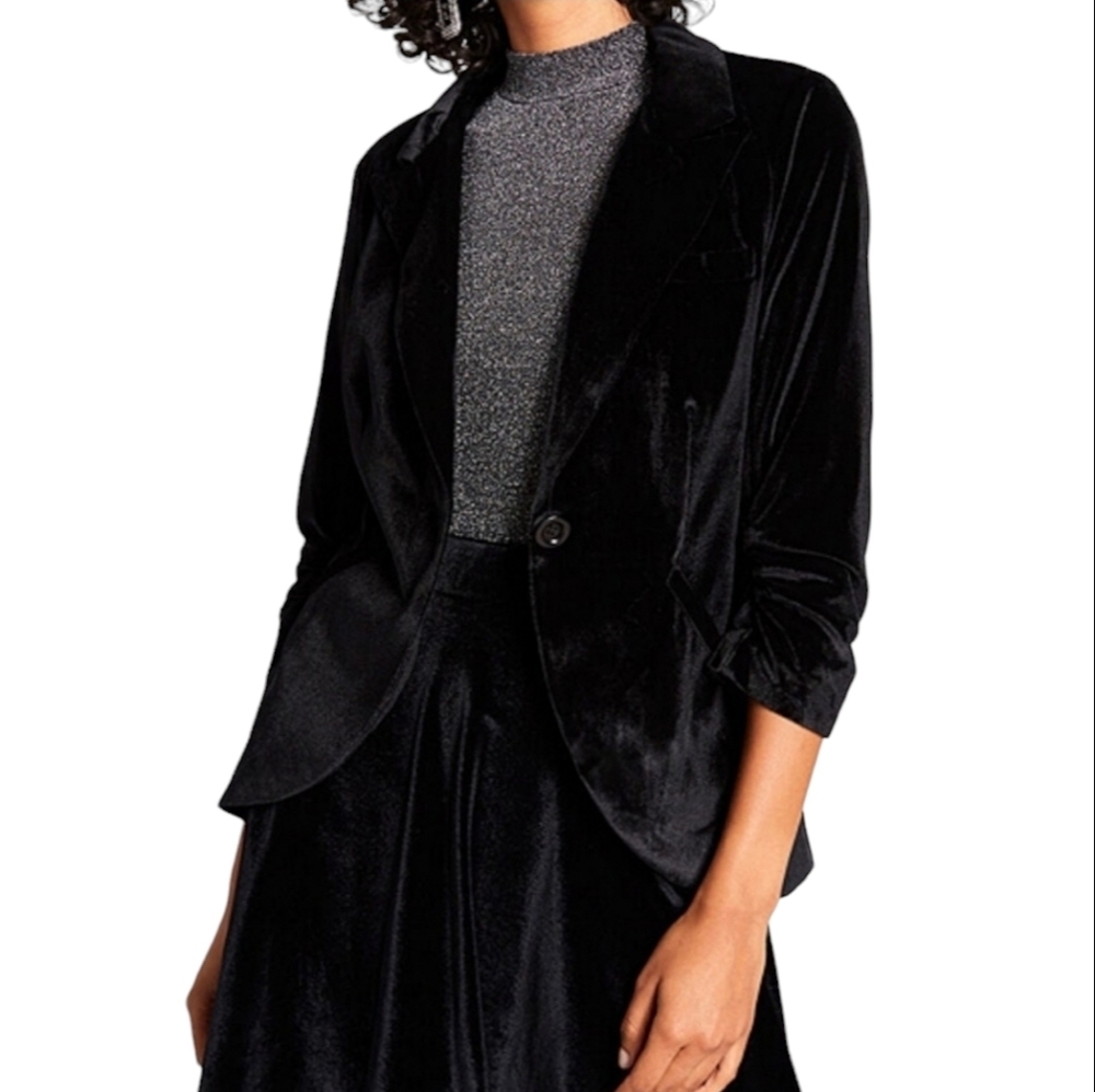 MODCLOTH Fine And Sandy Black Velvet Rouched 3/4 Sleeve Blazer Jacket Size XS